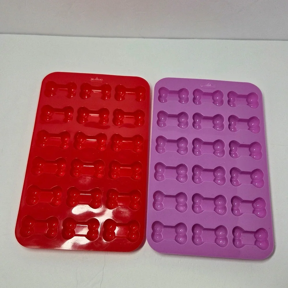 4pc Silicone Pet Treat Molds Paw Print and Bone Shapes Red Purple Pink